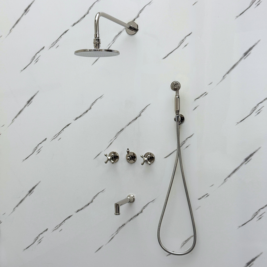 Polished Nickel Shower System with Adjustable Flat Round Rain Shower Head, Handheld Shower Head, Tub Filler and Cross Handles