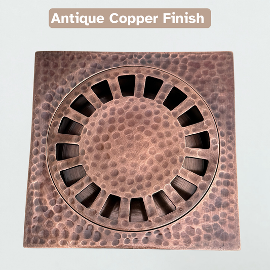 Solid Brass Hammered Square Shower Drain, Antique Copper Finish Bathroom Drain with Removable Cover