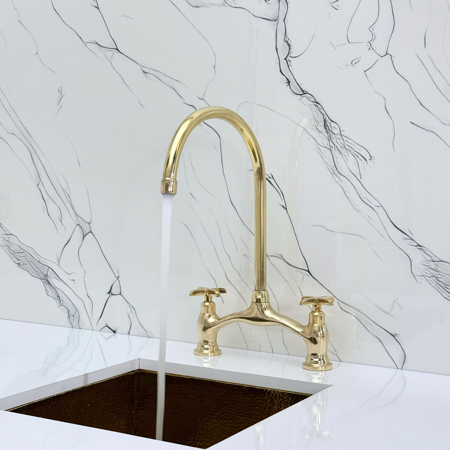 Unlacquered Brass Bridge Antique Faucet with Sprayer, Drinking Water Tap and Cross Handles