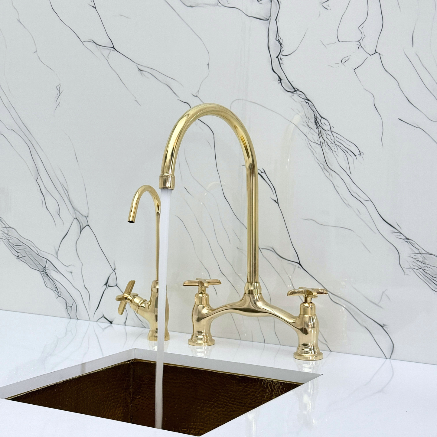 Unlacquered Brass Bridge Antique Faucet with Sprayer, Drinking Water Tap and Cross Handles