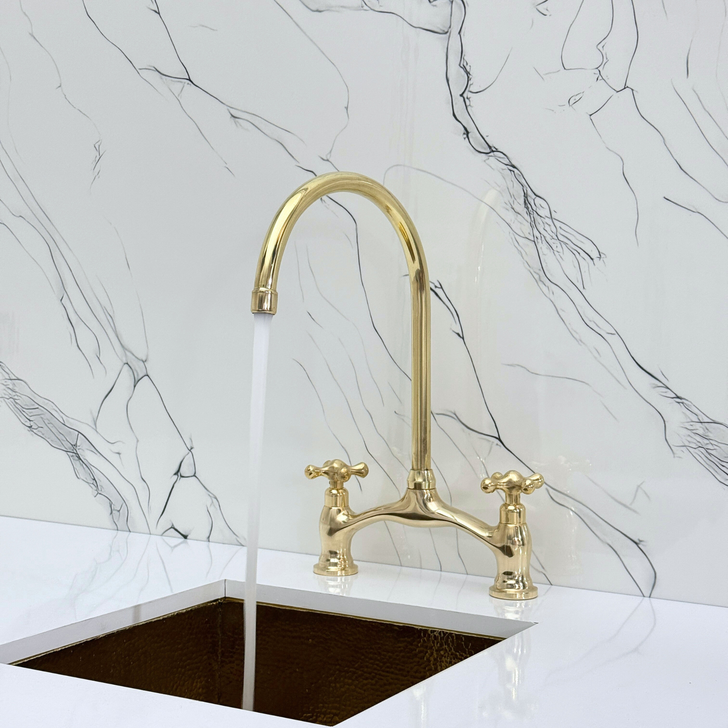 Unlacquered Brass Bridge Antique Faucet with Sprayer, Drinking Water Tap and Cross Handles