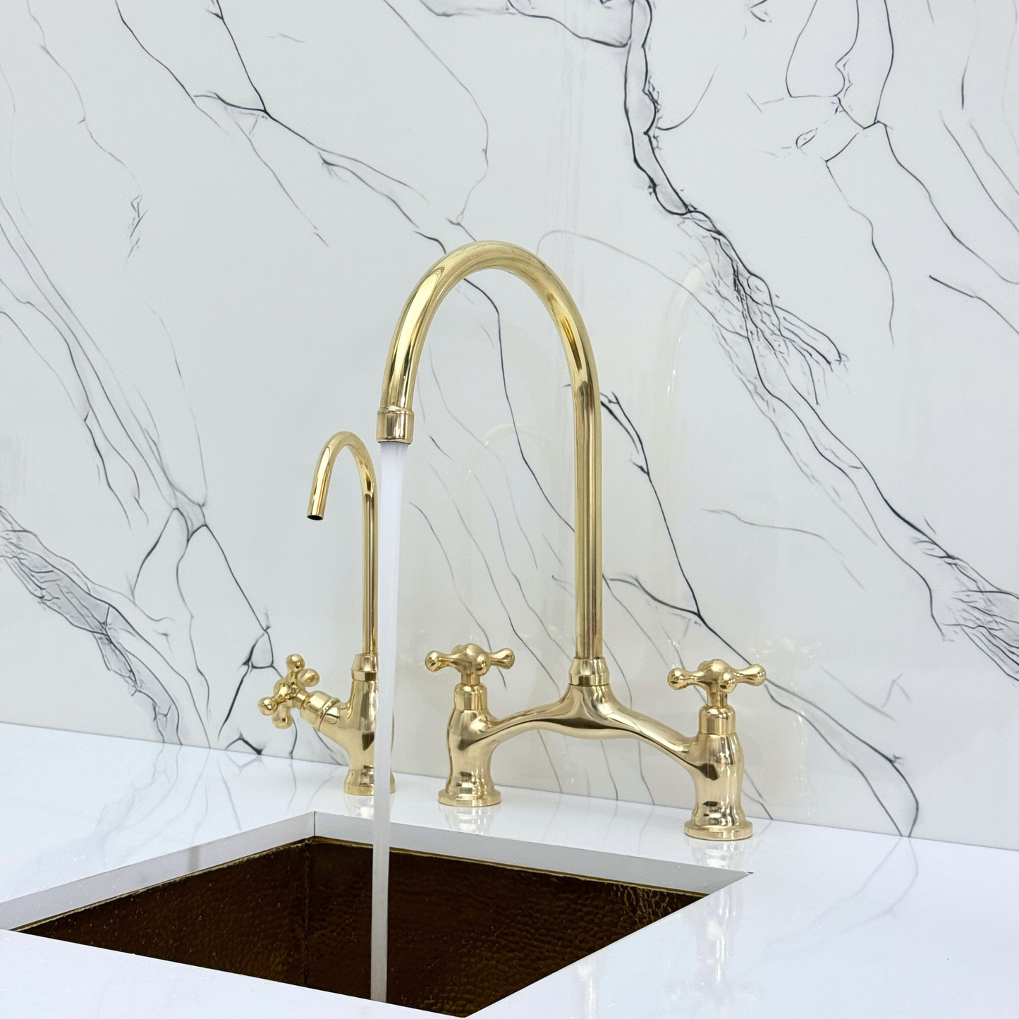 Unlacquered Brass Bridge Antique Faucet with Sprayer, Drinking Water Tap and Cross Handles