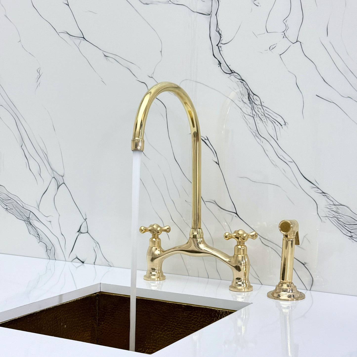 Unlacquered Brass Bridge Antique Faucet with Sprayer, Drinking Water Tap and Cross Handles