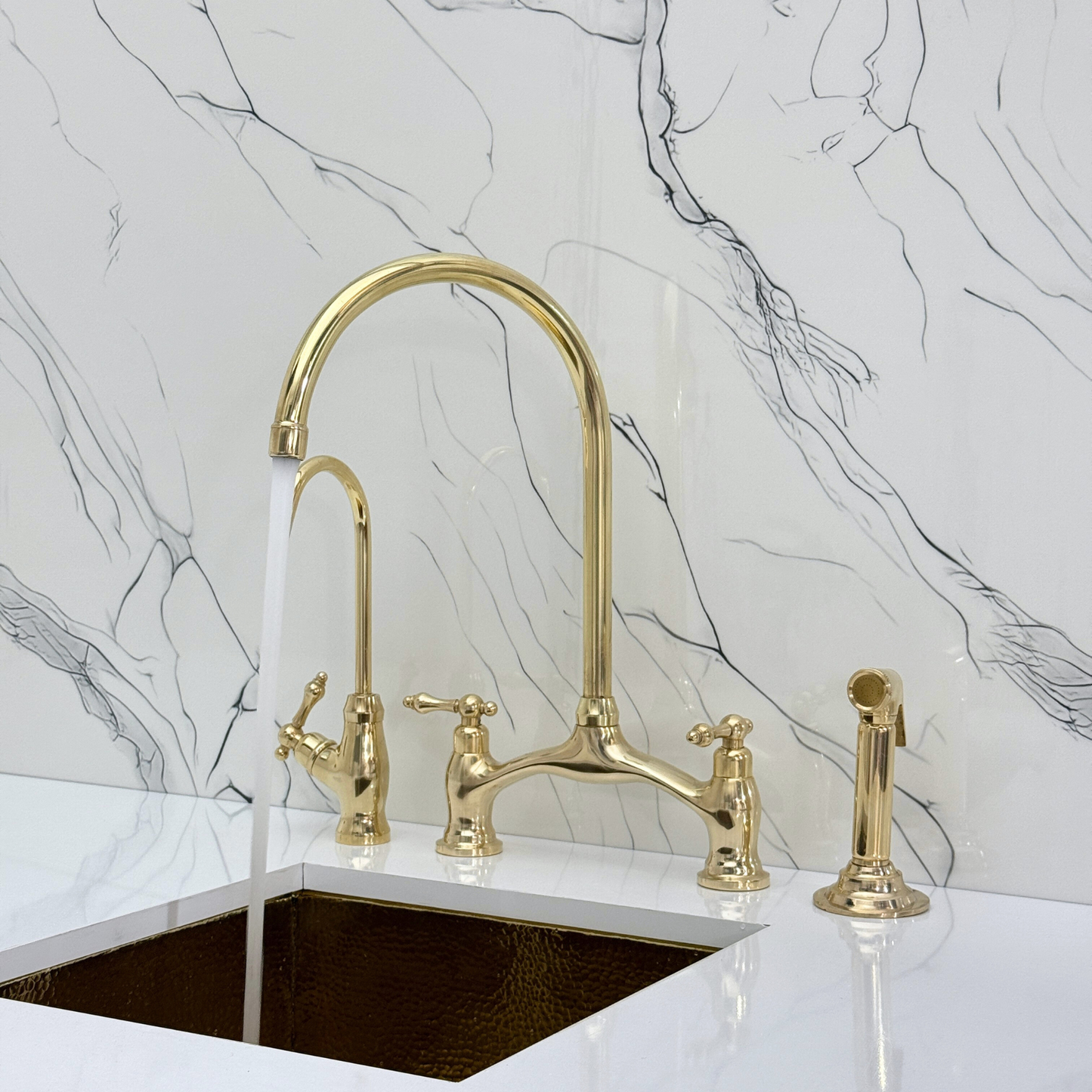 Unlacquered Brass Bridge Antique Faucet with Sprayer, Drinking Water Tap and Lever Handles