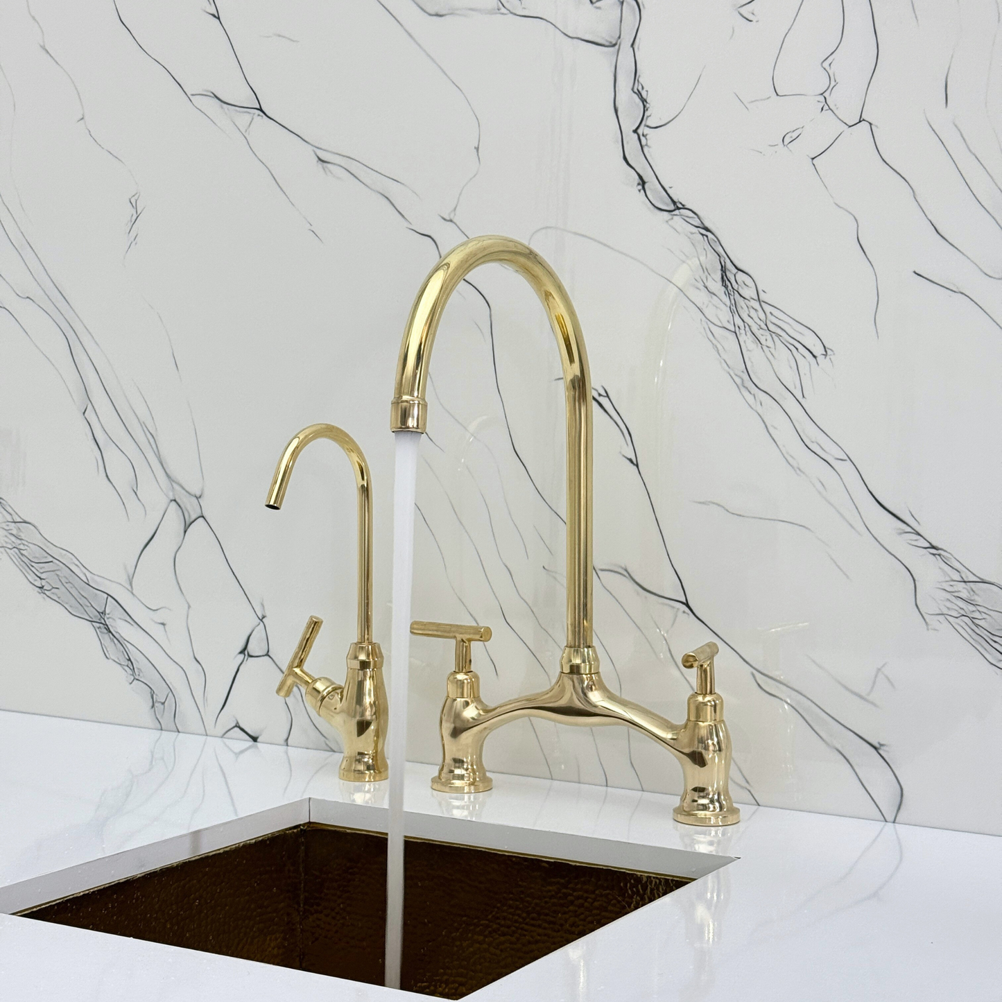 Unlacquered Brass Bridge Antique Faucet with Sprayer, Drinking Water Tap and Lever Handles