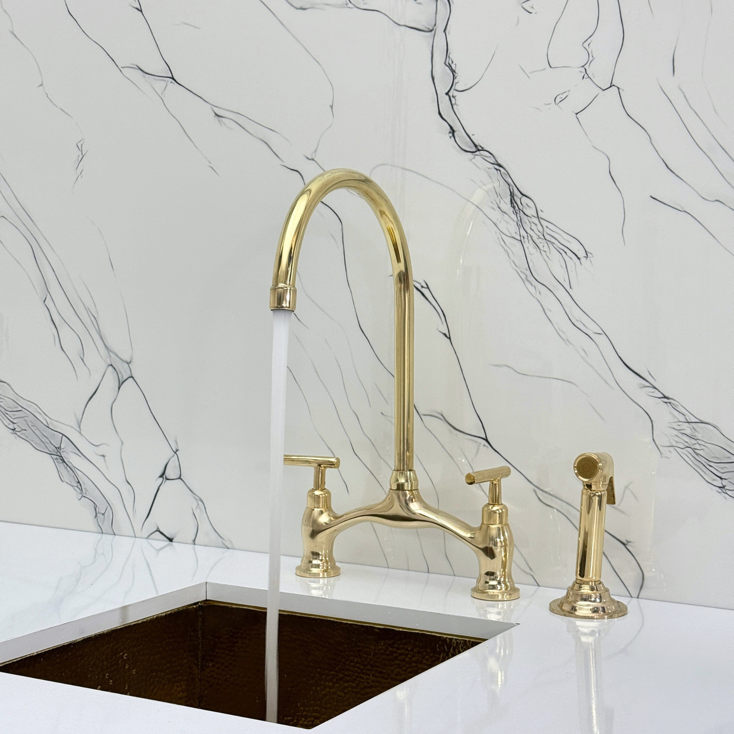 Unlacquered Brass Bridge Antique Faucet with Sprayer, Drinking Water Tap and Lever Handles