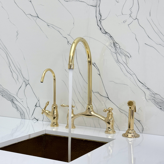 Unlacquered Brass Bridge Antique Faucet with Sprayer, Drinking Water Tap and Lever Handles
