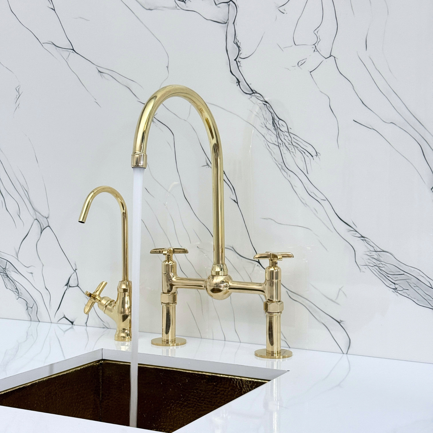 Unlacquered Brass Bridge Faucet with Sprayer, Cold Water Faucet, Straight Legs and Cross Handles