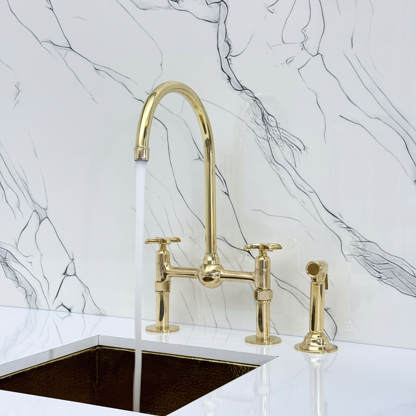 Unlacquered Brass Bridge Faucet with Sprayer, Cold Water Faucet, Straight Legs and Cross Handles