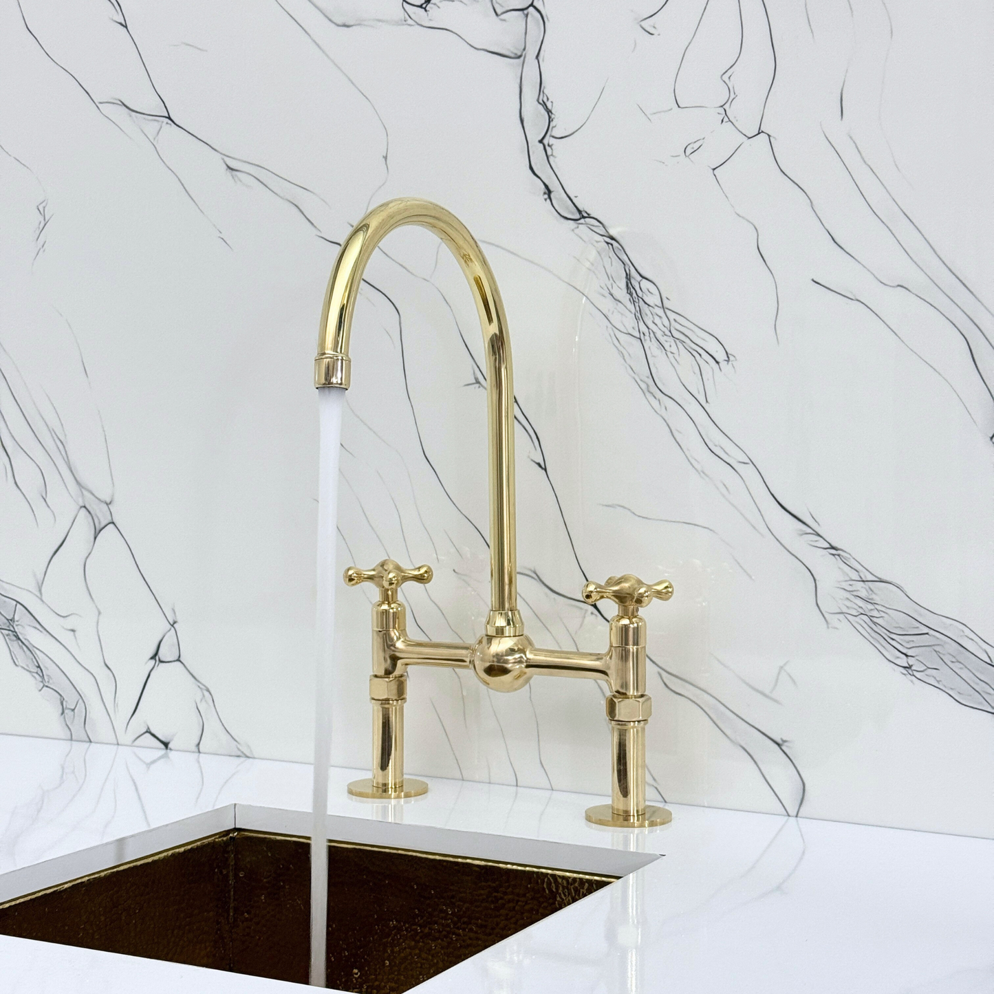 Unlacquered Brass Bridge Faucet with Sprayer, Cold Water Faucet, Straight Legs and Cross Handles