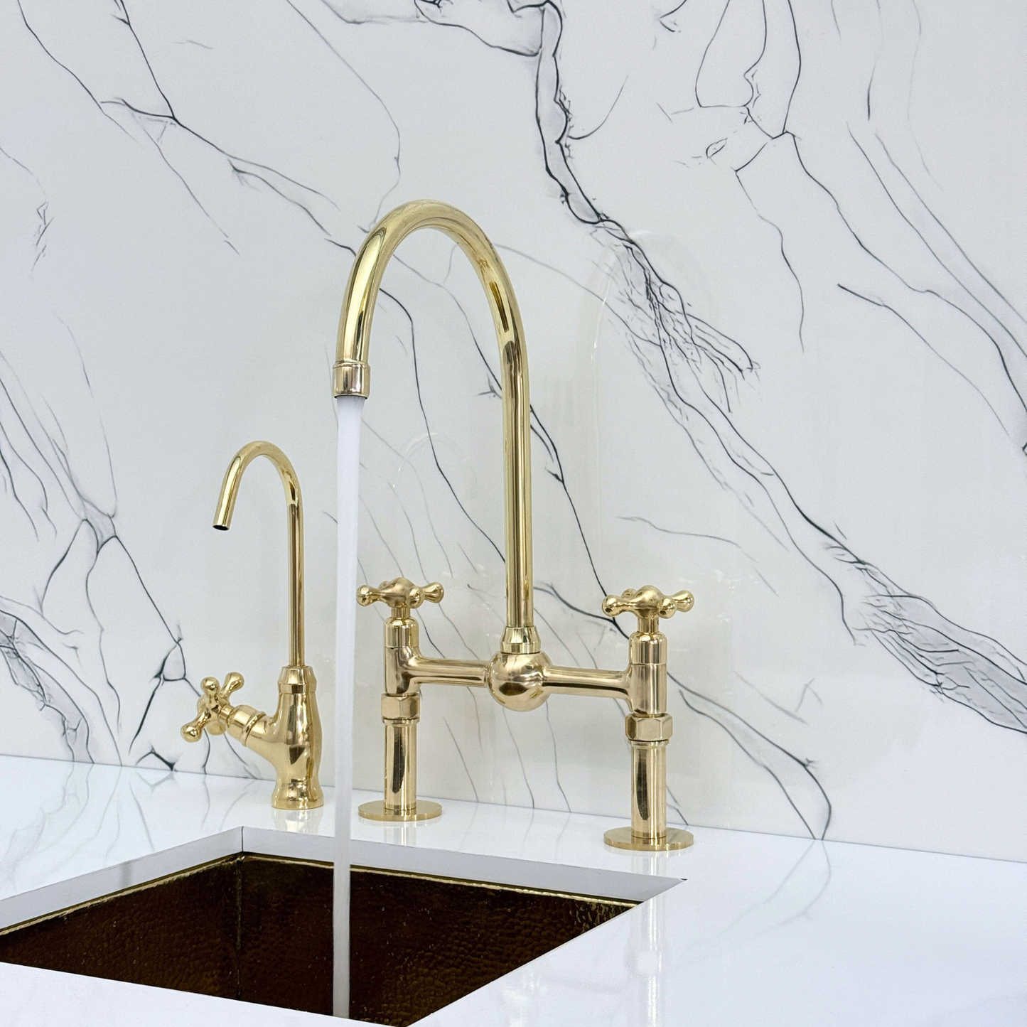 Unlacquered Brass Bridge Faucet with Sprayer, Cold Water Faucet, Straight Legs and Cross Handles