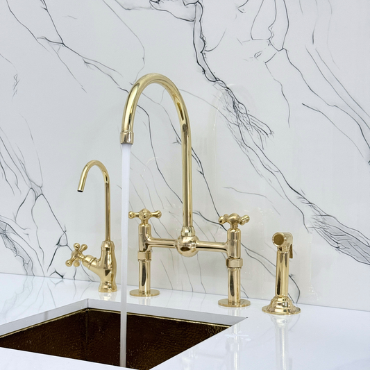 Unlacquered Brass Bridge Faucet with Sprayer, Cold Water Faucet, Straight Legs and Cross Handles