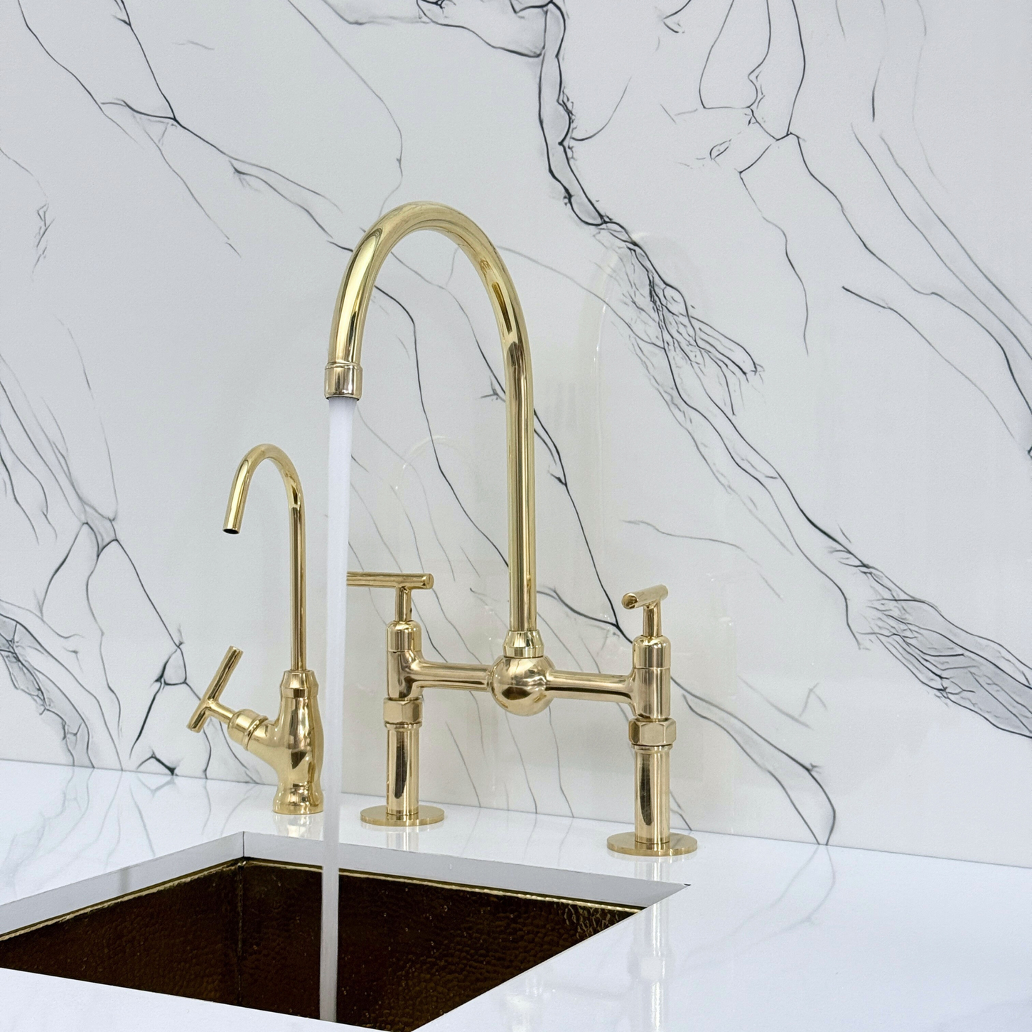 Unlacquered Brass Bridge Faucet with Sprayer, Cold Water Faucet, Straight Legs and Lever Handles
