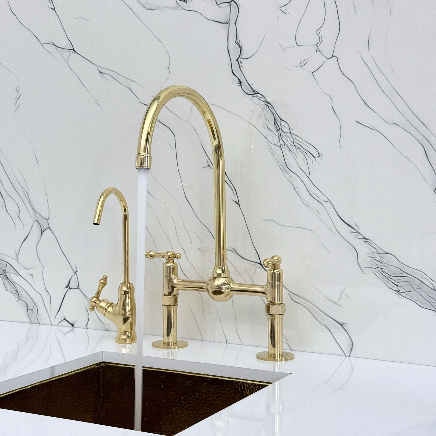 Unlacquered Brass Bridge Faucet with Sprayer, Cold Water Faucet, Straight Legs and Lever Handles