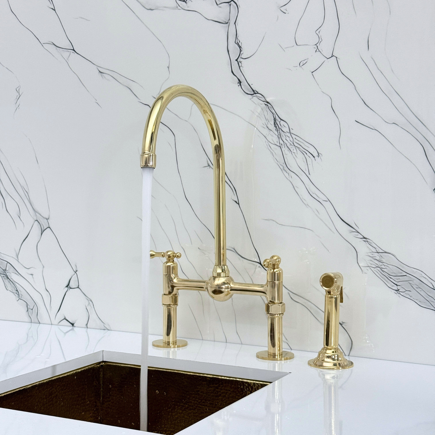 Unlacquered Brass Bridge Faucet with Sprayer, Cold Water Faucet, Straight Legs and Lever Handles