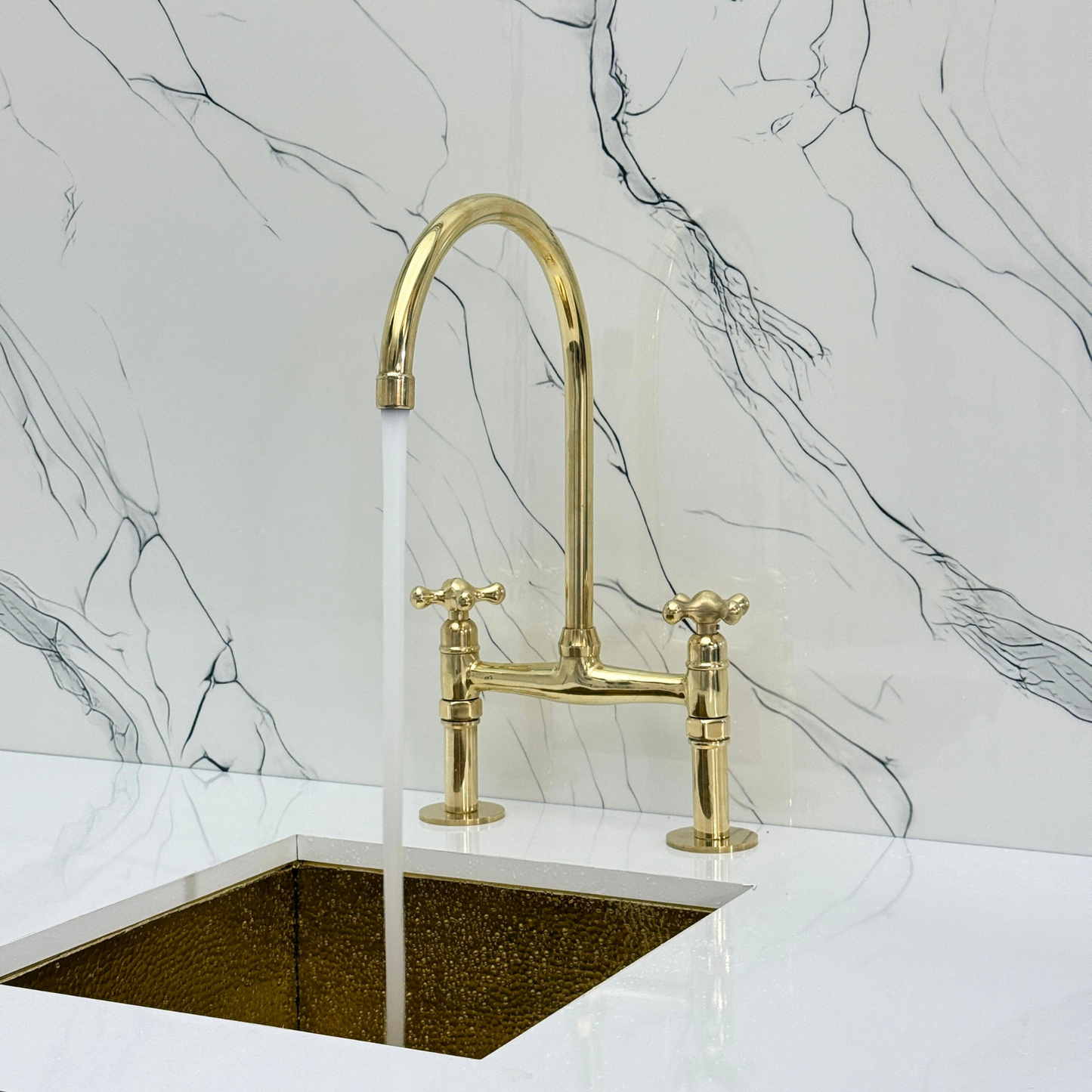 Unlacquered Brass Bridge Faucet with Sprayer, Drinking Water Tap and Cross Handles
