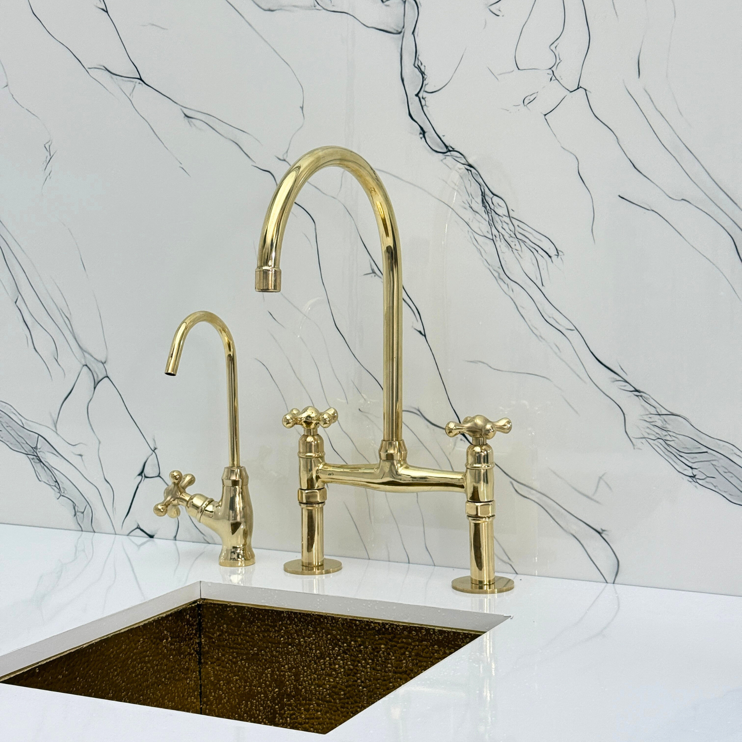 Unlacquered Brass Bridge Faucet with Sprayer, Drinking Water Tap and Cross Handles