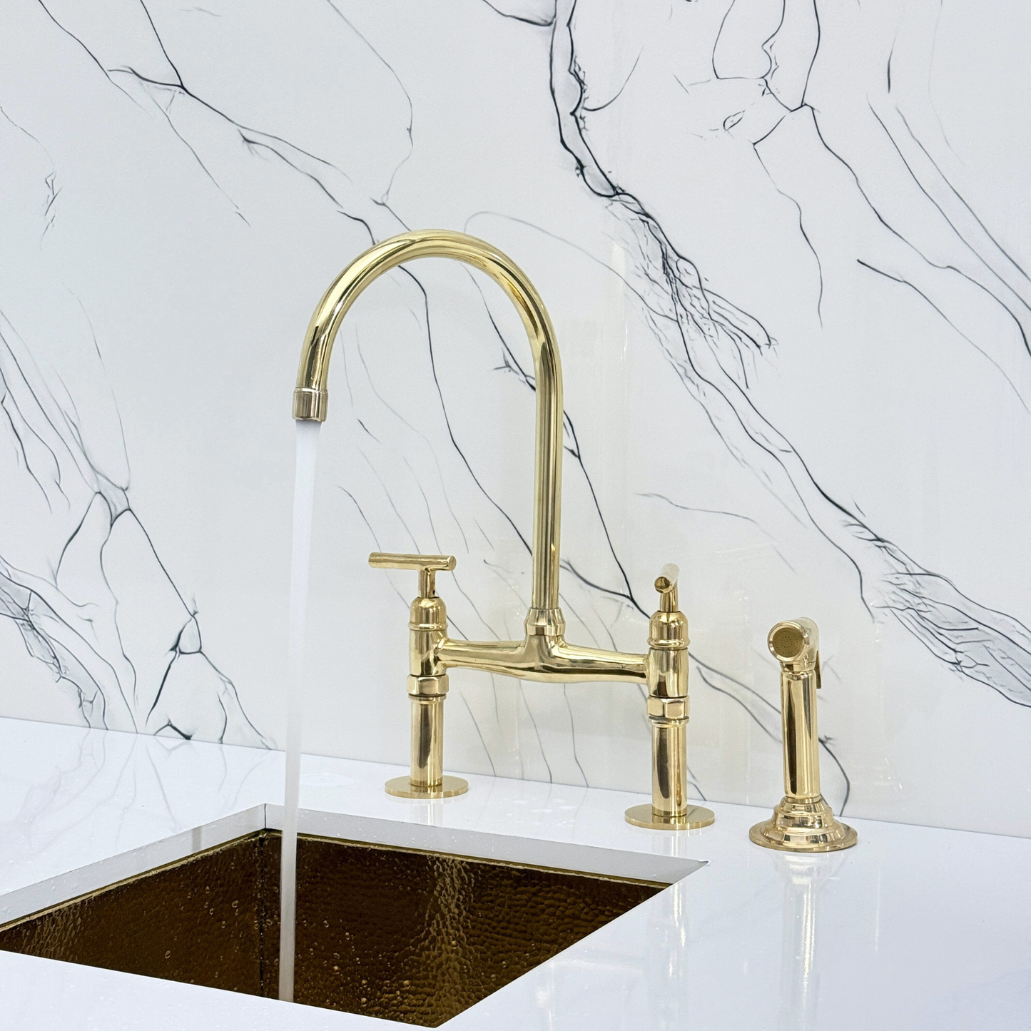 Unlacquered Brass Bridge Kitchen Faucet with Sprayer, Drinking Water Tap and Lever Handles