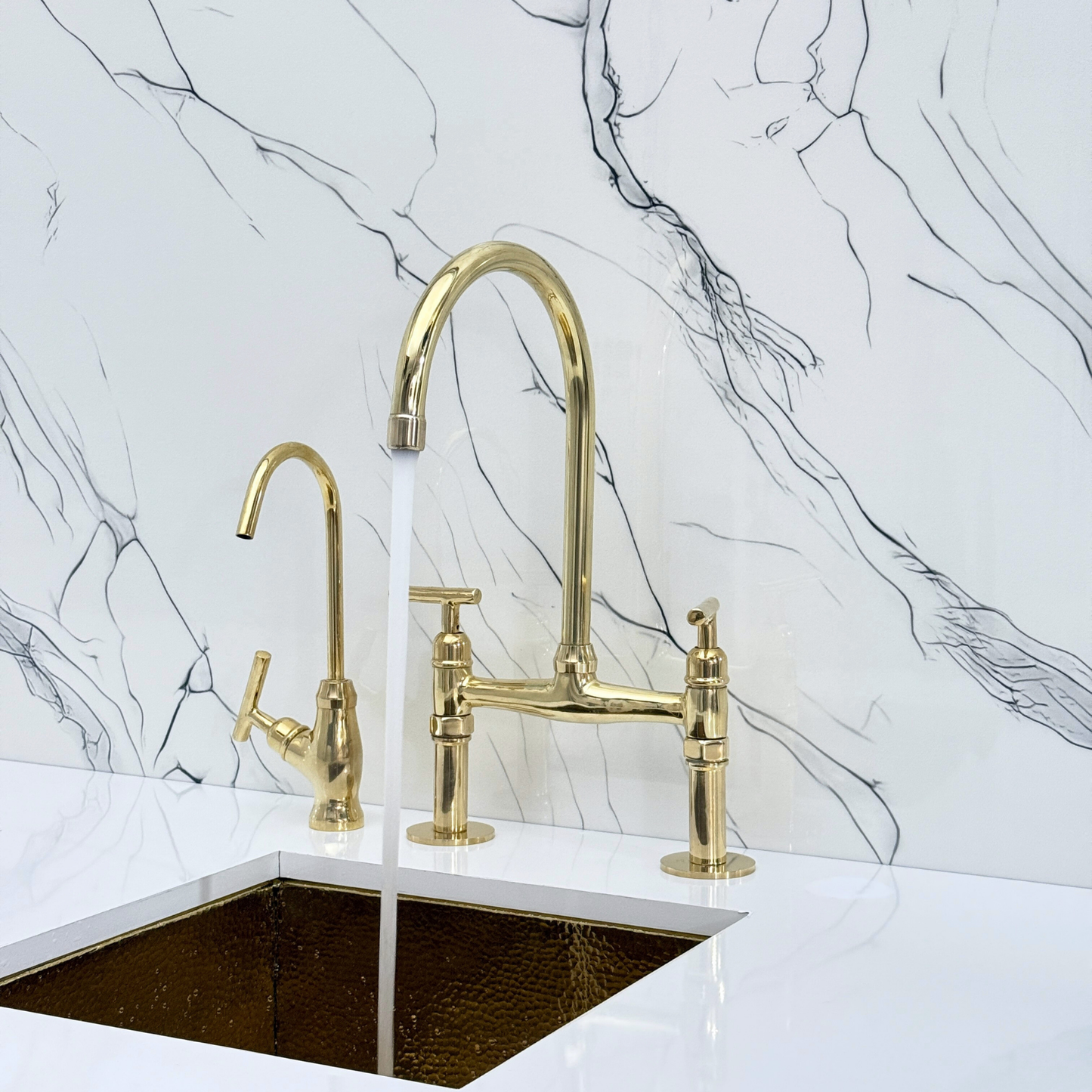 Unlacquered Brass Bridge Kitchen Faucet with Sprayer, Drinking Water Tap and Lever Handles