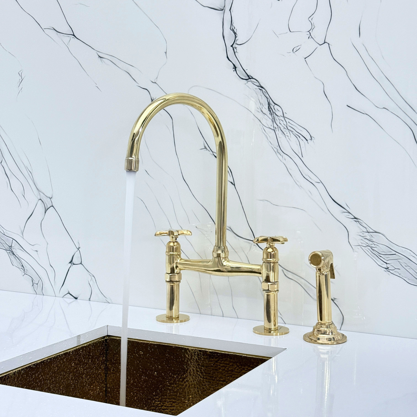 Unlacquered Brass Bridge Kitchen Faucet with Sprayer, Drinking Water Tap and Cross Handles