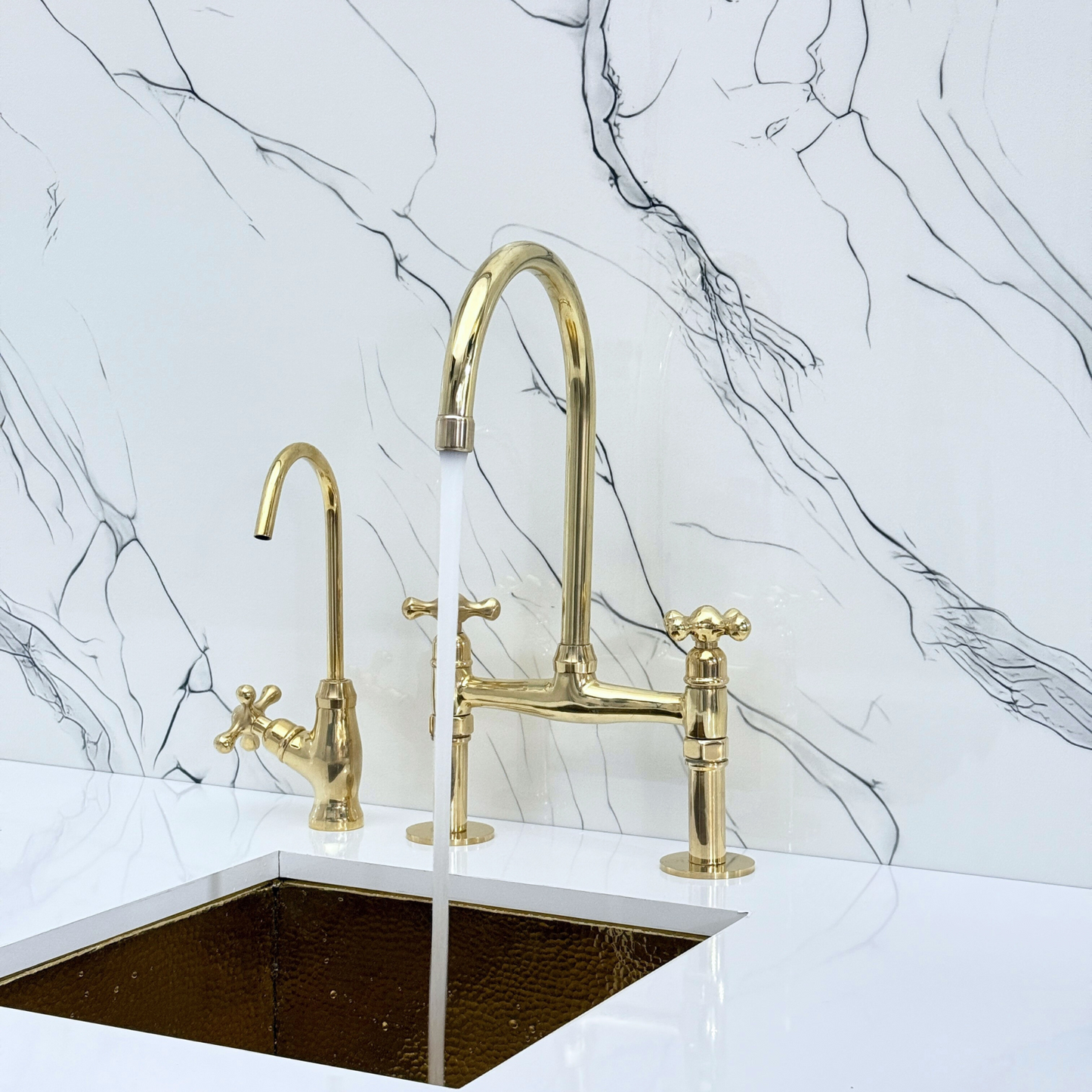 Unlacquered Brass Bridge Kitchen Faucet with Sprayer, Drinking Water Tap and Cross Handles