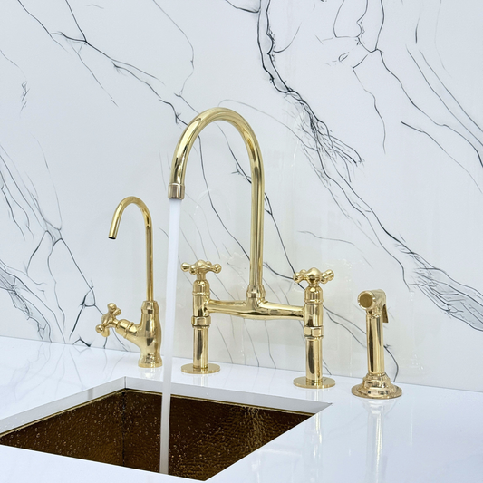 Unlacquered Brass Bridge Kitchen Faucet with Sprayer, Drinking Water Tap and Cross Handles