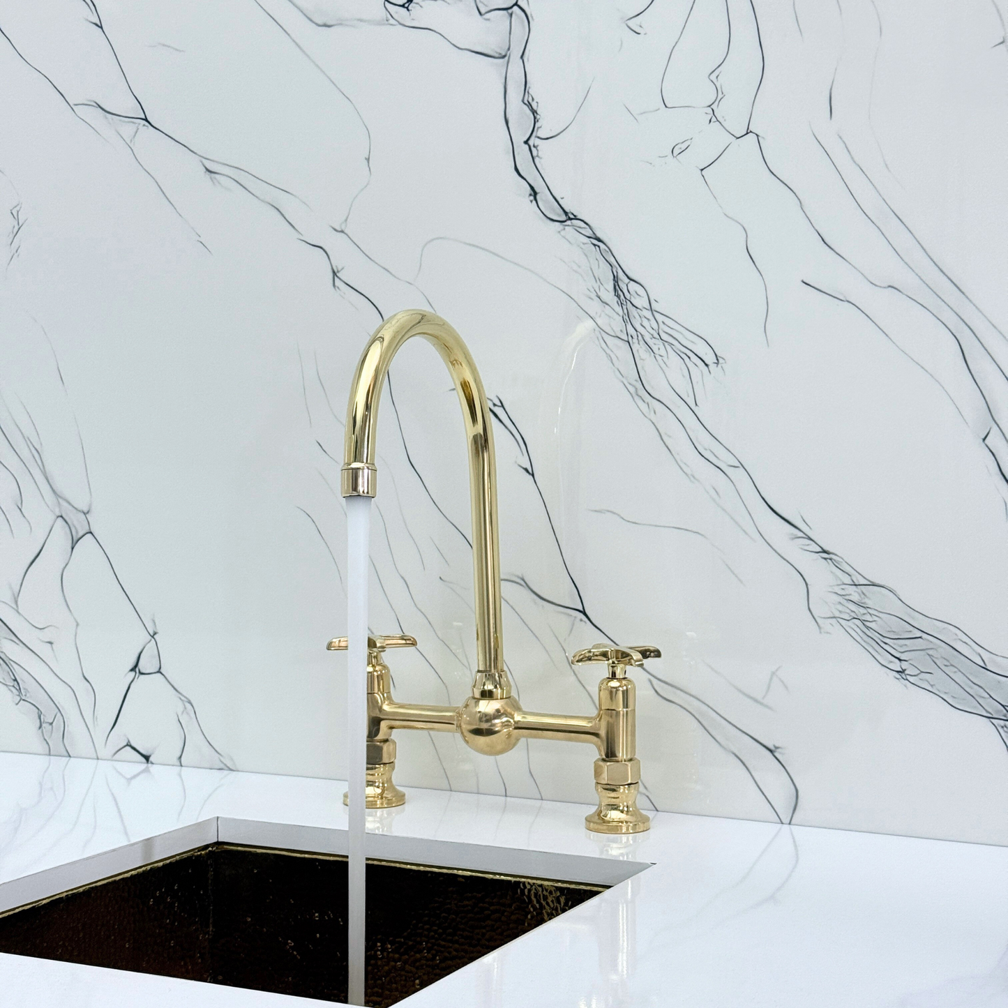 Unlacquered Brass Bridge Kitchen Faucet With Ball Center, Sprayer, Cold Water Faucet and Cross Handles