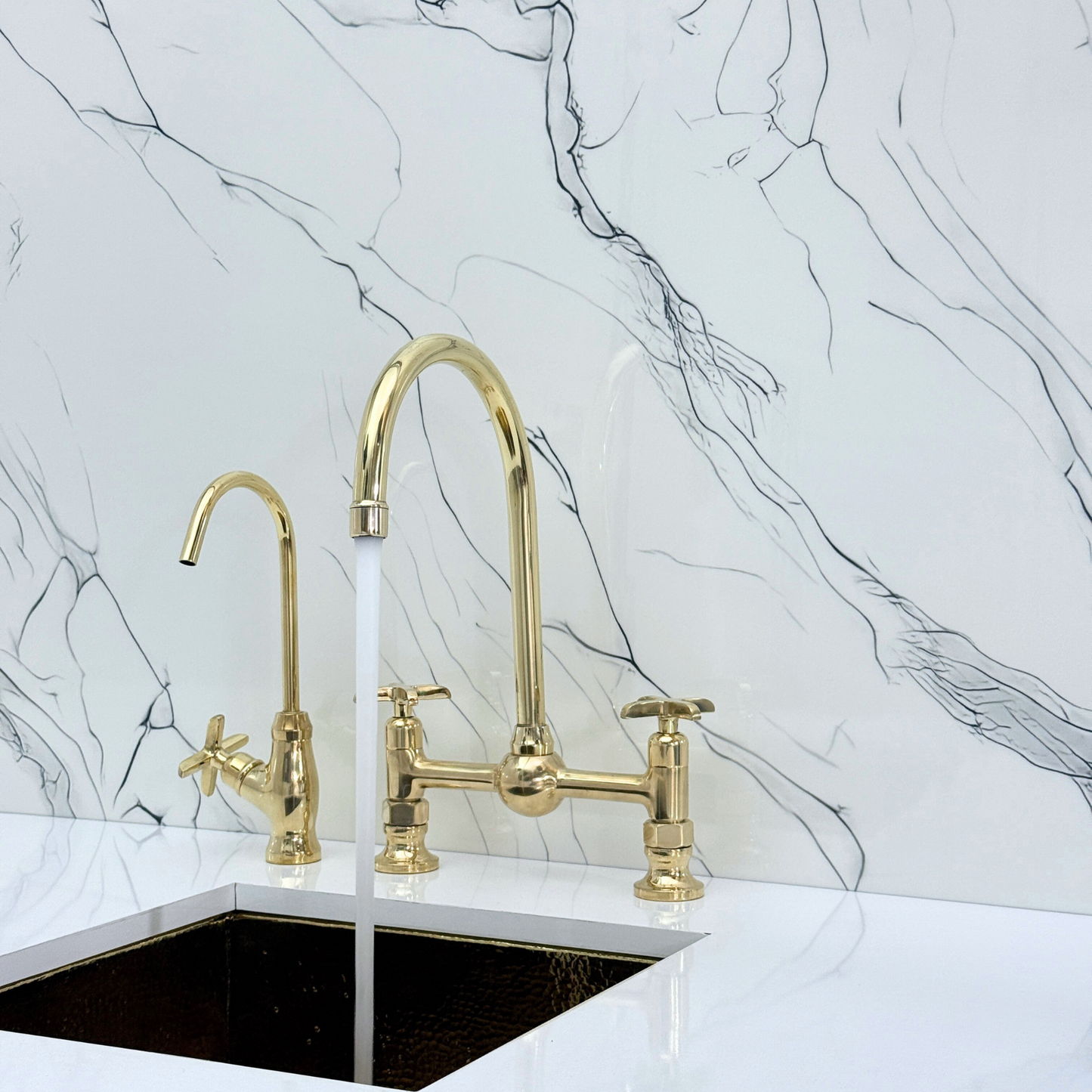 Unlacquered Brass Bridge Kitchen Faucet With Ball Center, Sprayer, Cold Water Faucet and Cross Handles