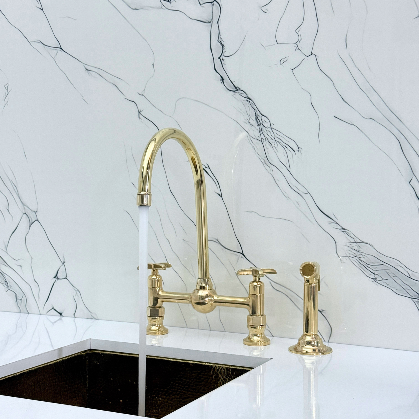 Unlacquered Brass Bridge Kitchen Faucet With Ball Center, Sprayer, Cold Water Faucet and Cross Handles