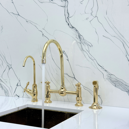 Unlacquered Brass Bridge Kitchen Faucet With Ball Center, Sprayer, Cold Water Faucet and Lever Handles