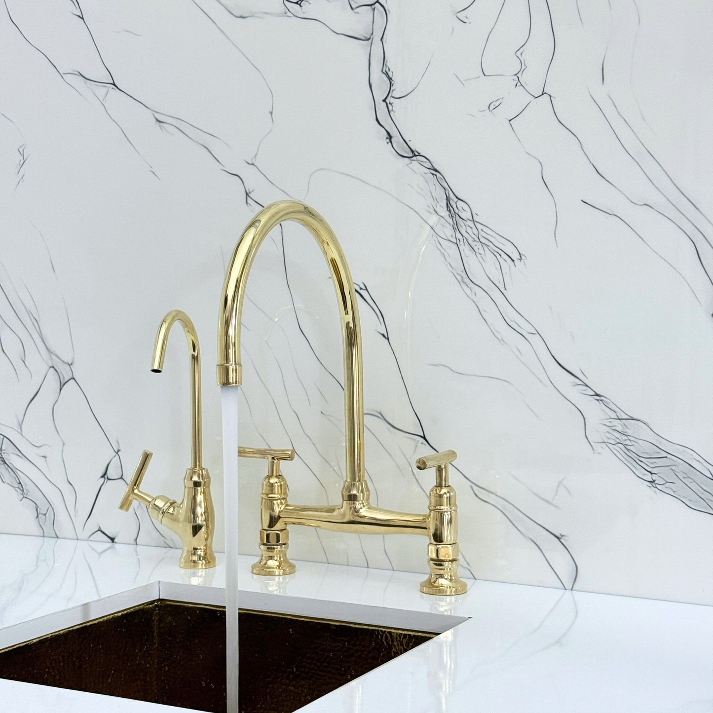 Unlacquered Brass Bridge Kitchen Faucet with Cold Water Faucet, Sprayer, and Lever Handles