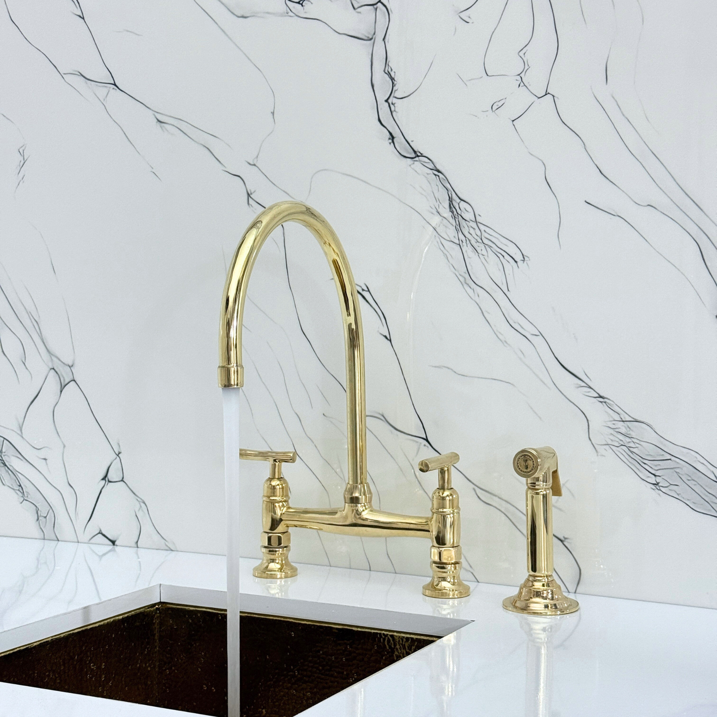 Unlacquered Brass Bridge Kitchen Faucet with Cold Water Faucet, Sprayer, and Lever Handles