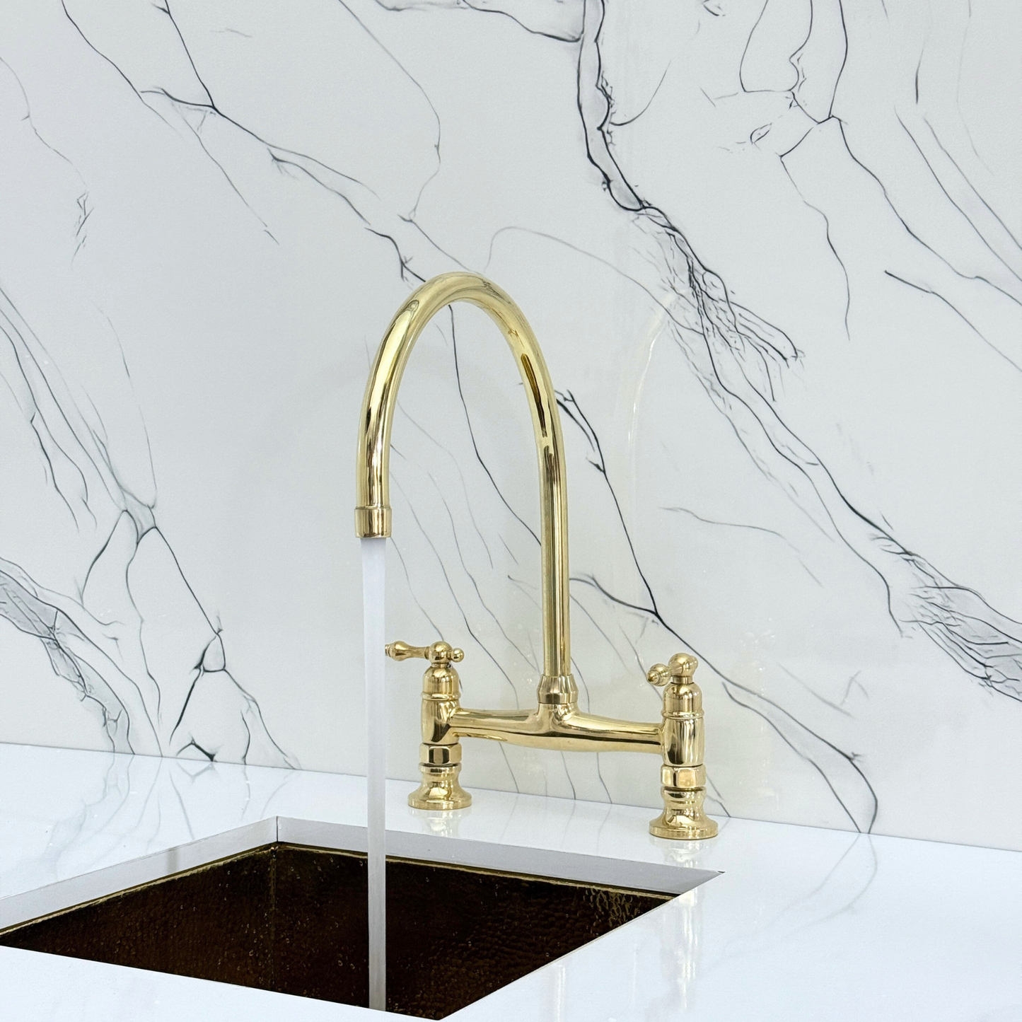 Unlacquered Brass Bridge Kitchen Faucet with Cold Water Faucet, Sprayer, and Lever Handles