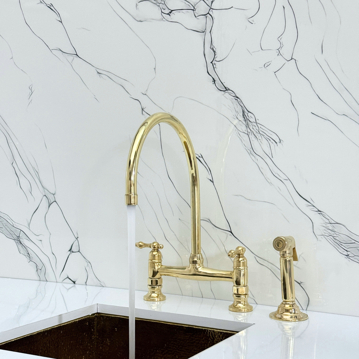 Unlacquered Brass Bridge Kitchen Faucet with Cold Water Faucet, Sprayer, and Lever Handles