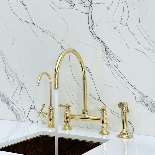 Unlacquered Brass Bridge Kitchen Faucet with Cold Water Faucet, Sprayer, and Lever Handles
