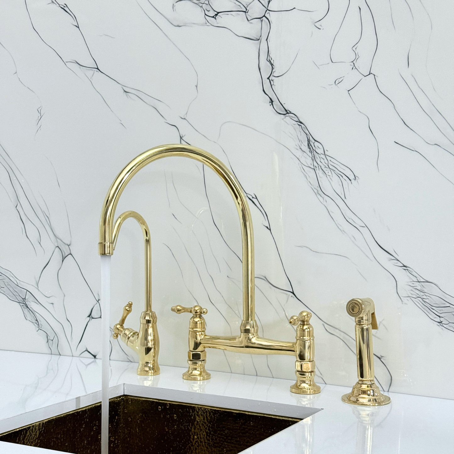 Unlacquered Brass Bridge Kitchen Faucet with Cold Water Faucet, Sprayer, and Lever Handles