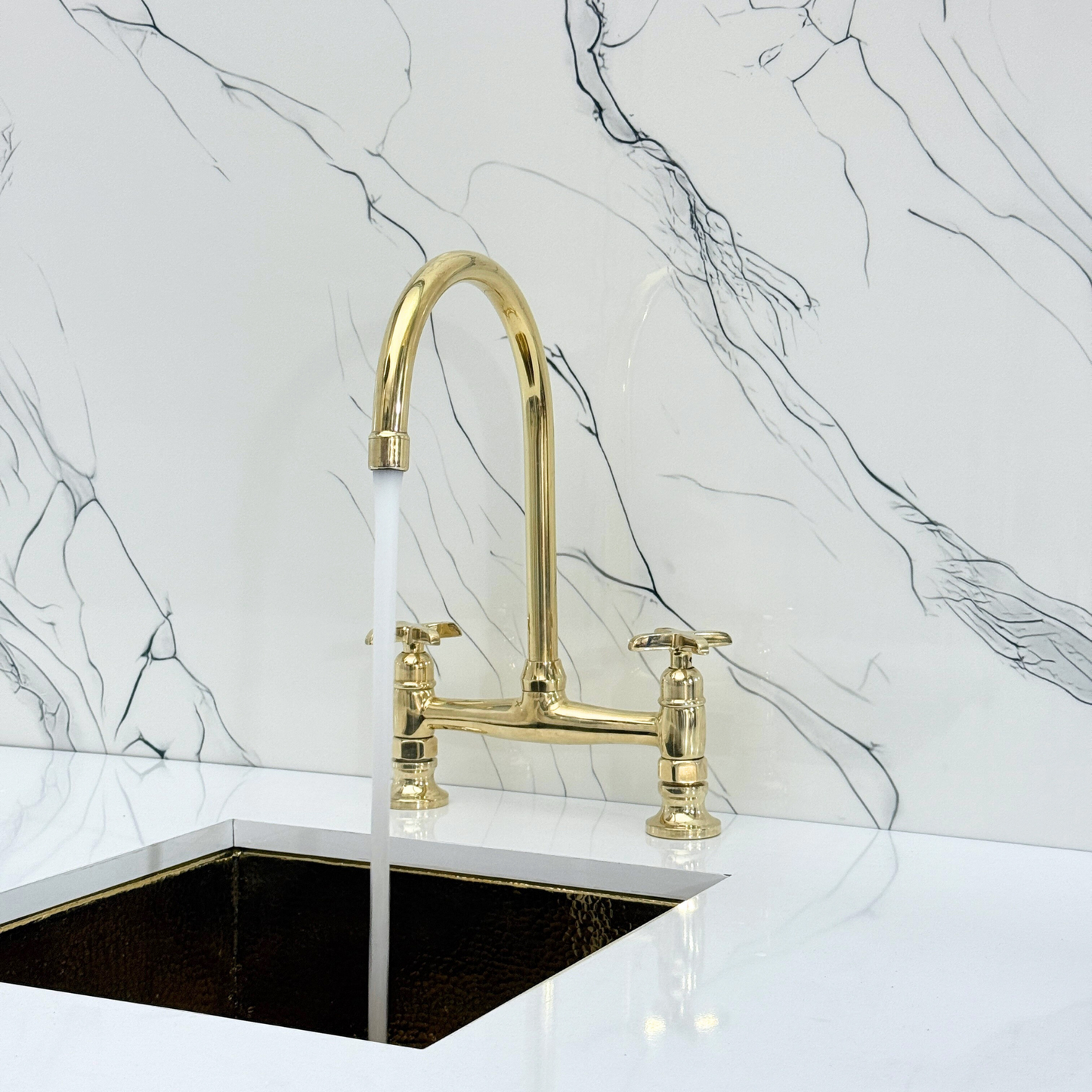 Unlacquered Brass Bridge Kitchen Faucet with Sprayer, Cold Water Faucet and Cross Handles