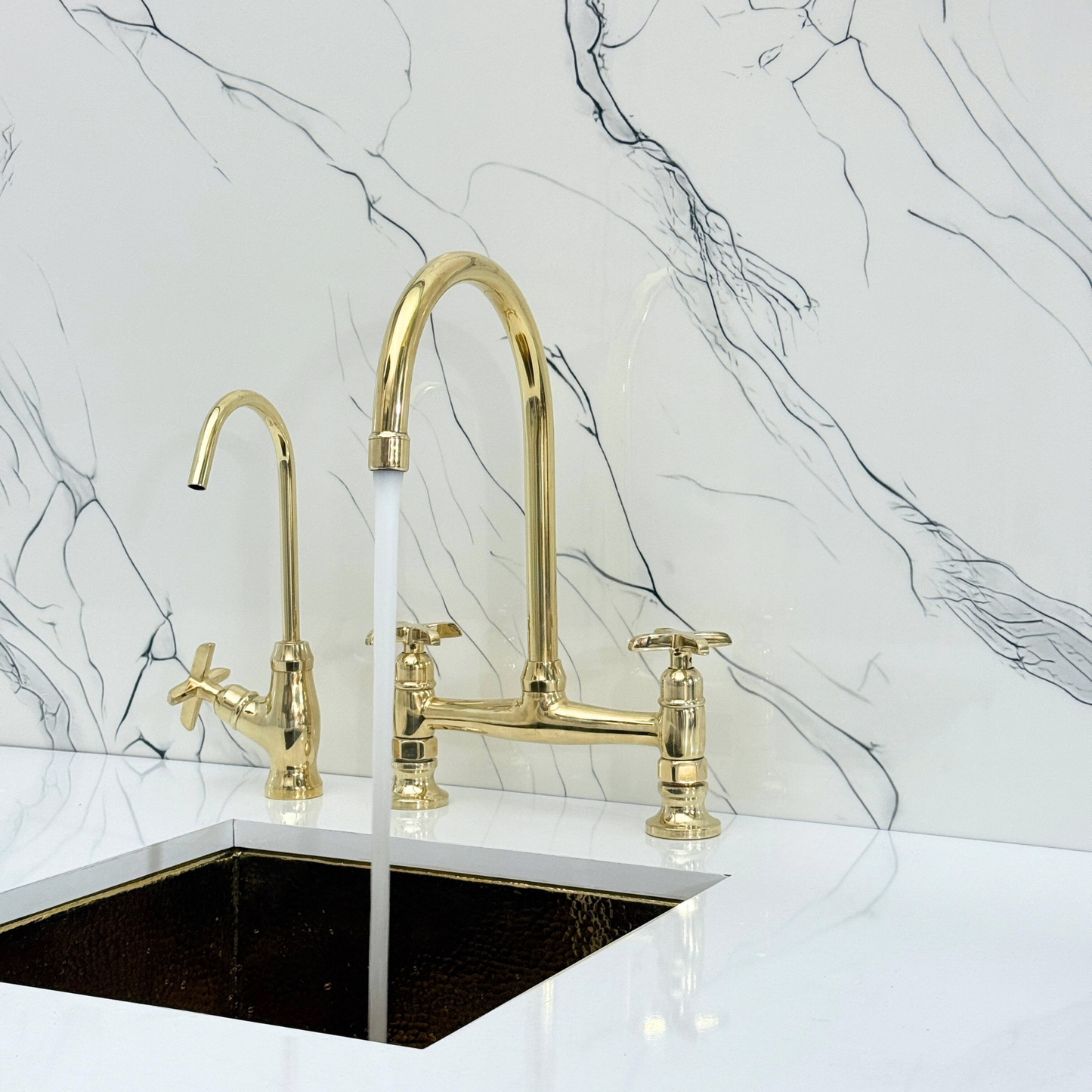 Unlacquered Brass Bridge Kitchen Faucet with Sprayer, Cold Water Faucet and Cross Handles