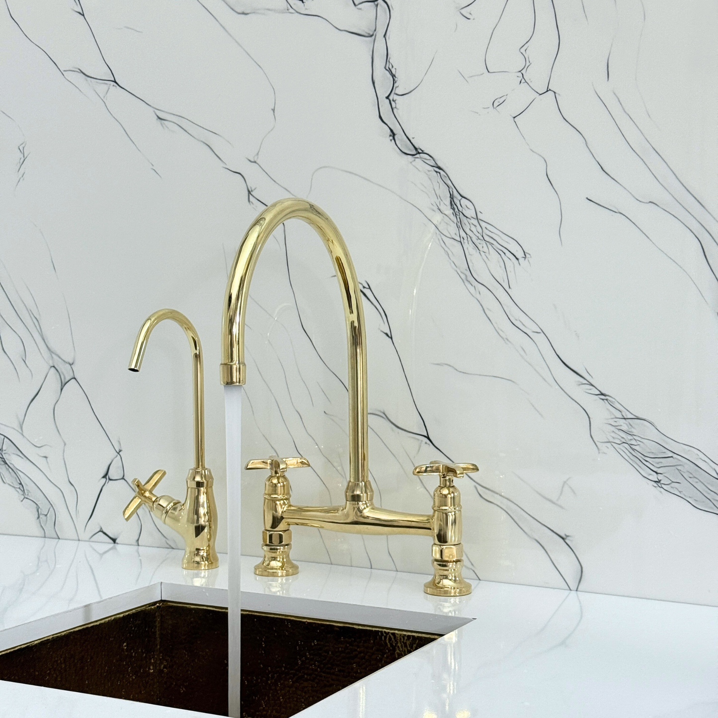 Unlacquered Brass Bridge Kitchen Faucet with Cold Water Faucet, Sprayer, and Cross Handles
