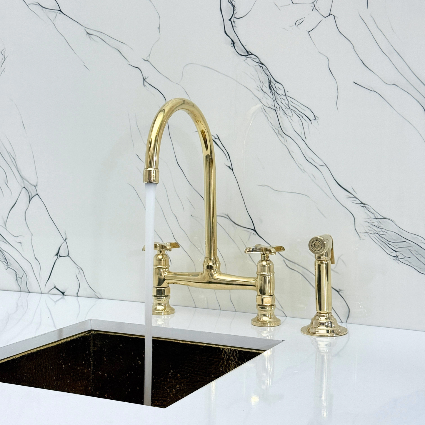 Unlacquered Brass Bridge Kitchen Faucet with Sprayer, Cold Water Faucet and Cross Handles