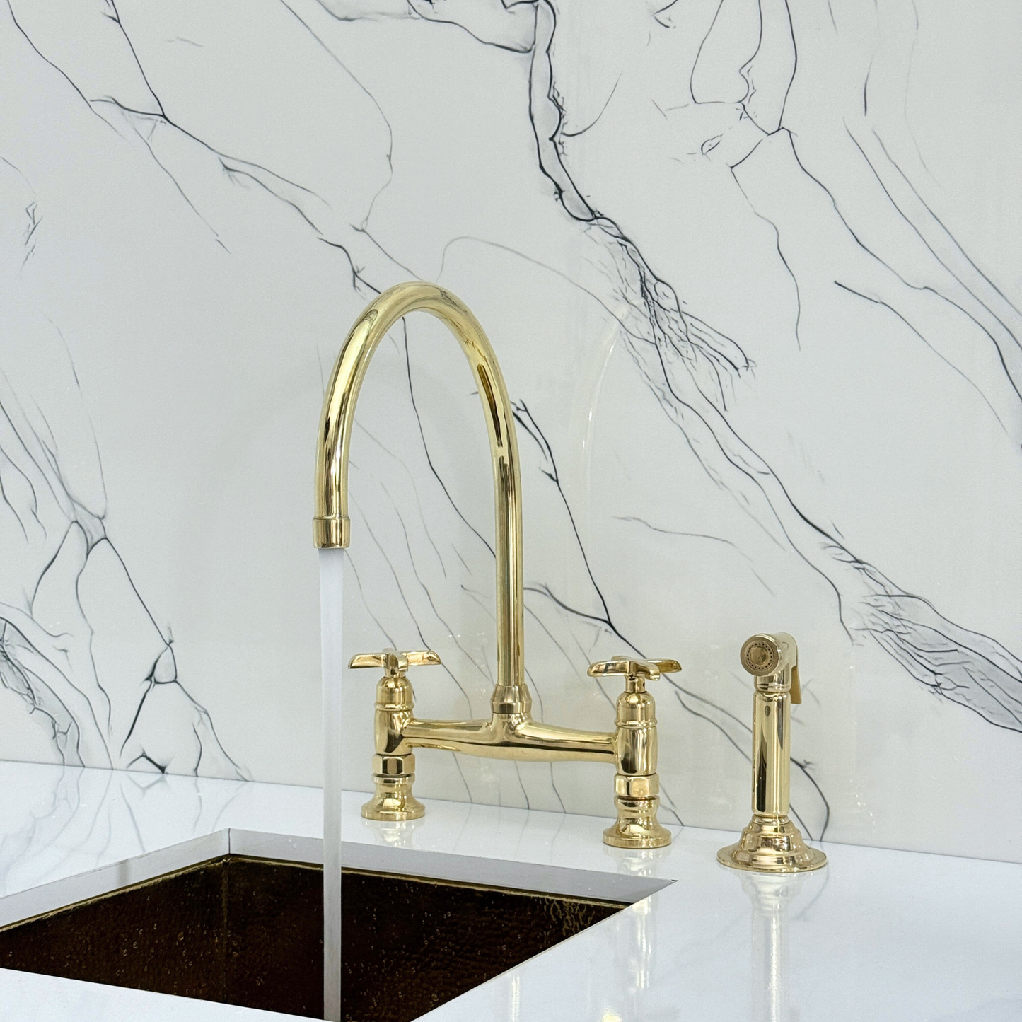 Unlacquered Brass Bridge Kitchen Faucet with Cold Water Faucet, Sprayer, and Cross Handles