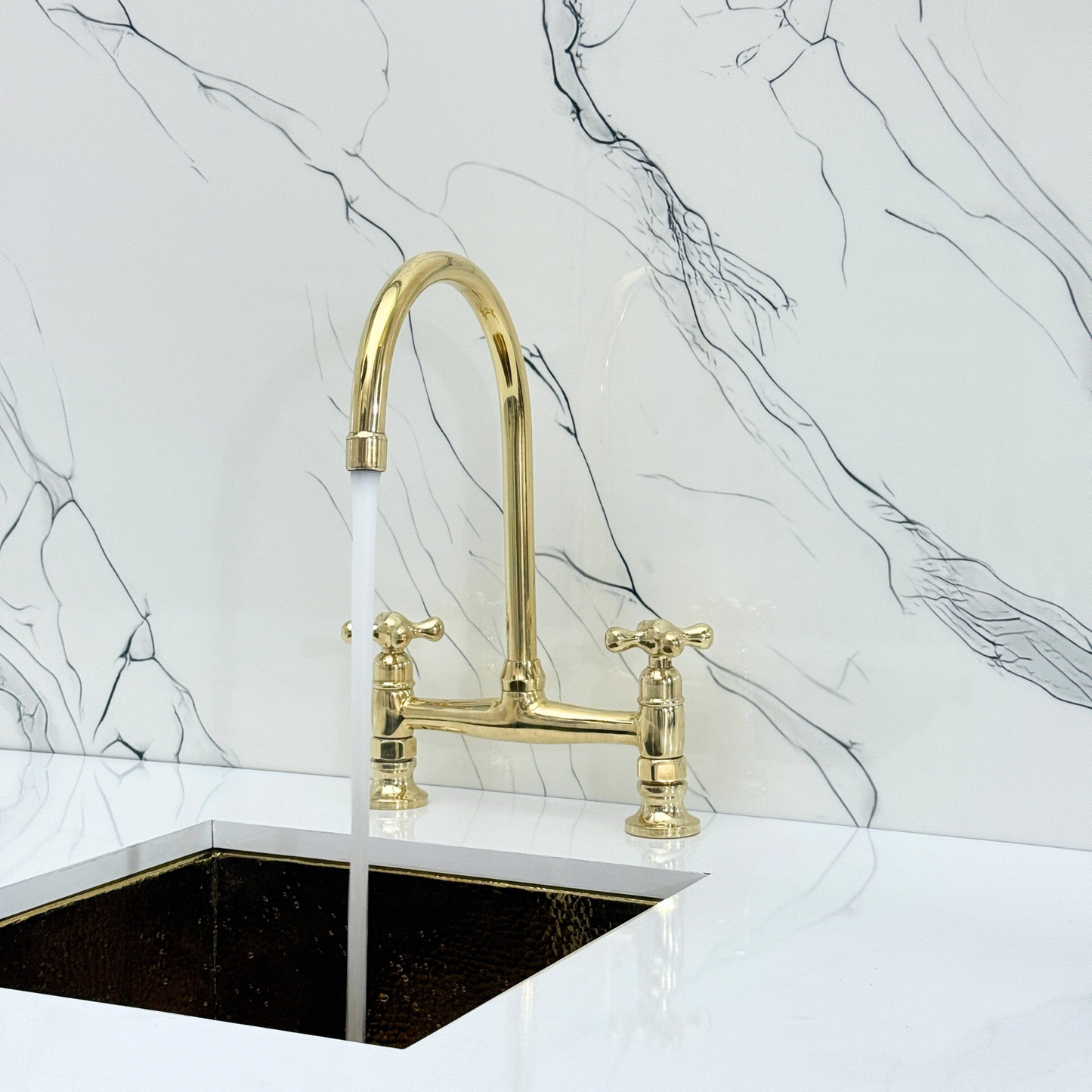 Unlacquered Brass Bridge Kitchen Faucet with Sprayer, Cold Water Faucet and Cross Handles