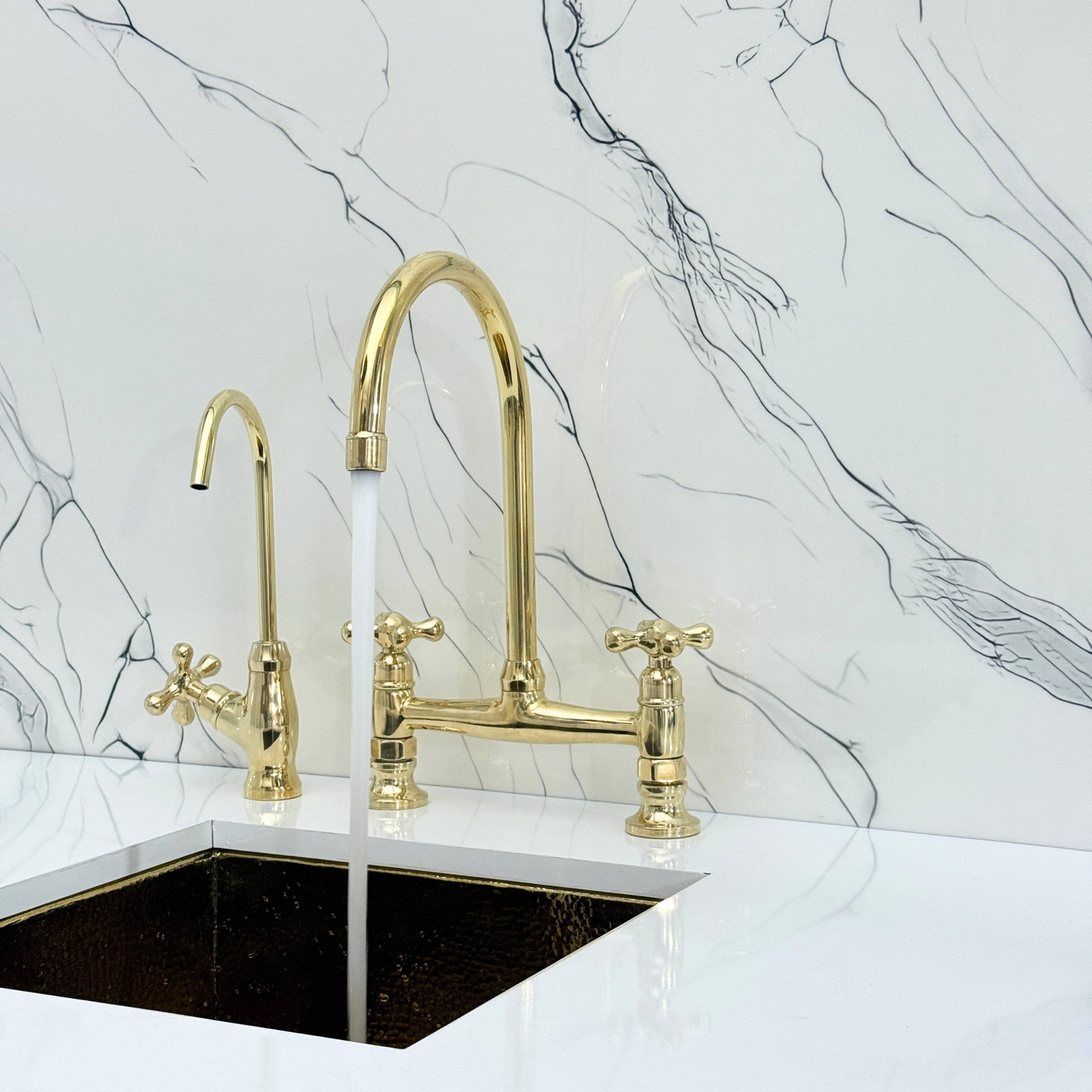 Unlacquered Brass Bridge Kitchen Faucet with Sprayer, Cold Water Faucet and Cross Handles