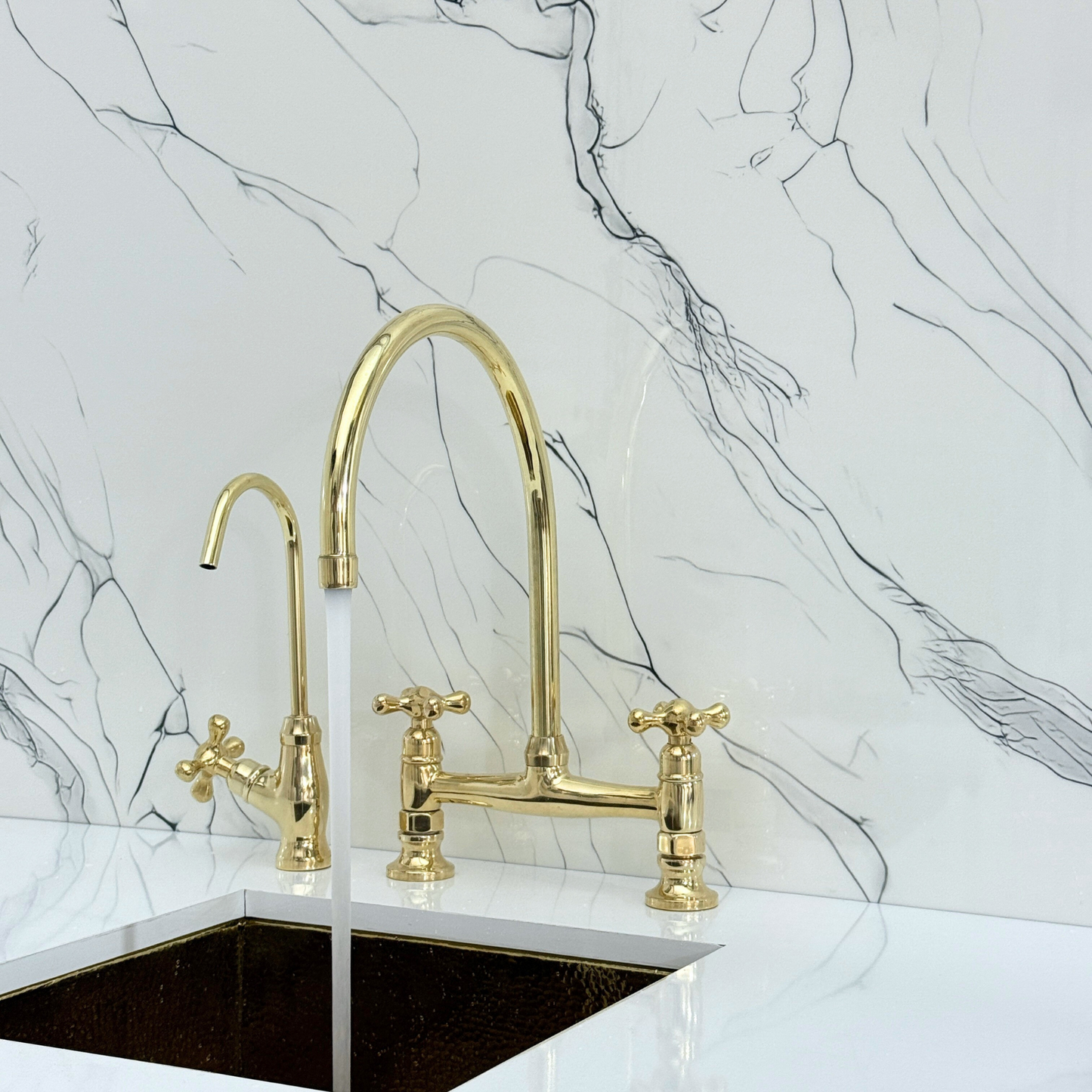Unlacquered Brass Bridge Kitchen Faucet with Cold Water Faucet, Sprayer, and Cross Handles