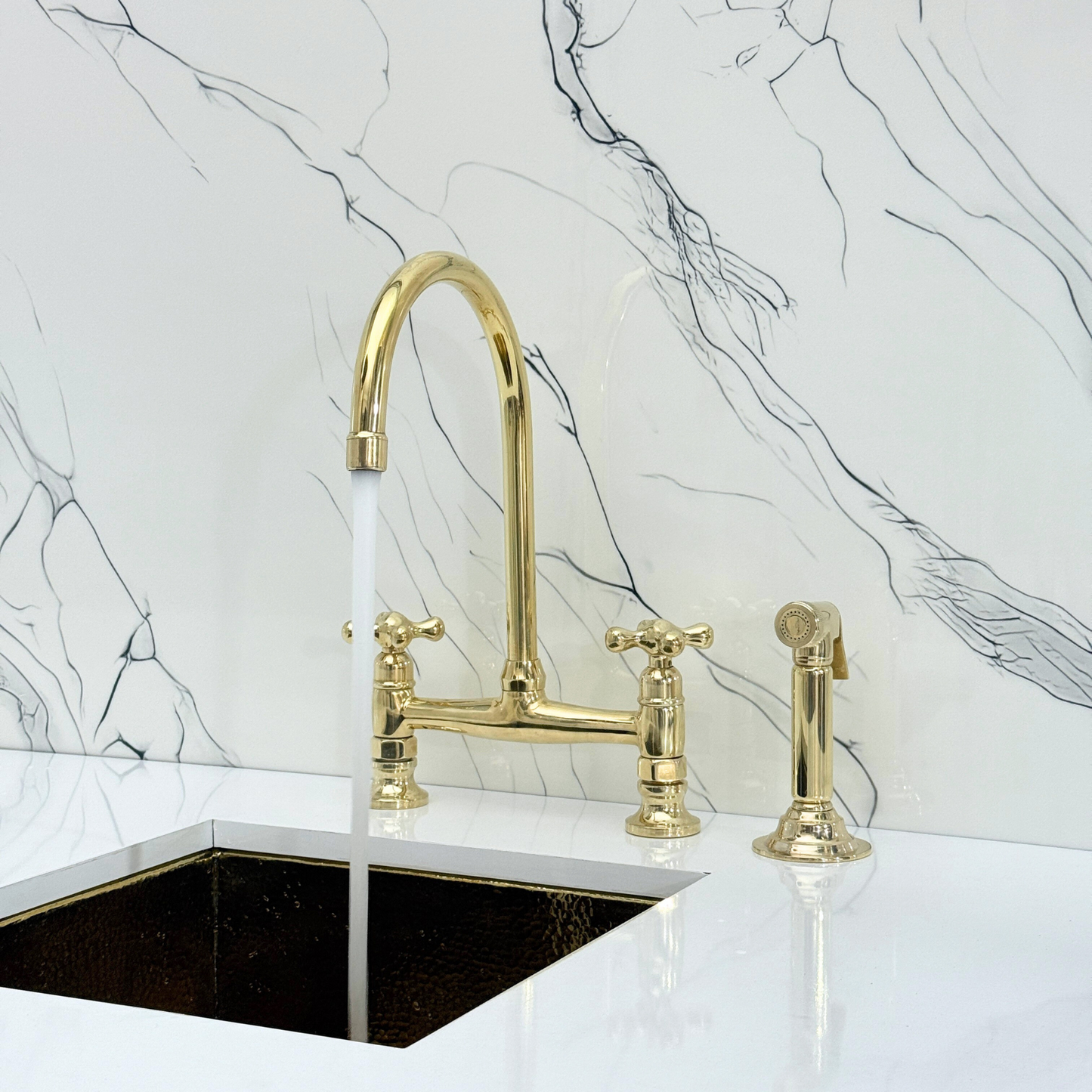 Unlacquered Brass Bridge Kitchen Faucet with Sprayer, Cold Water Faucet and Cross Handles