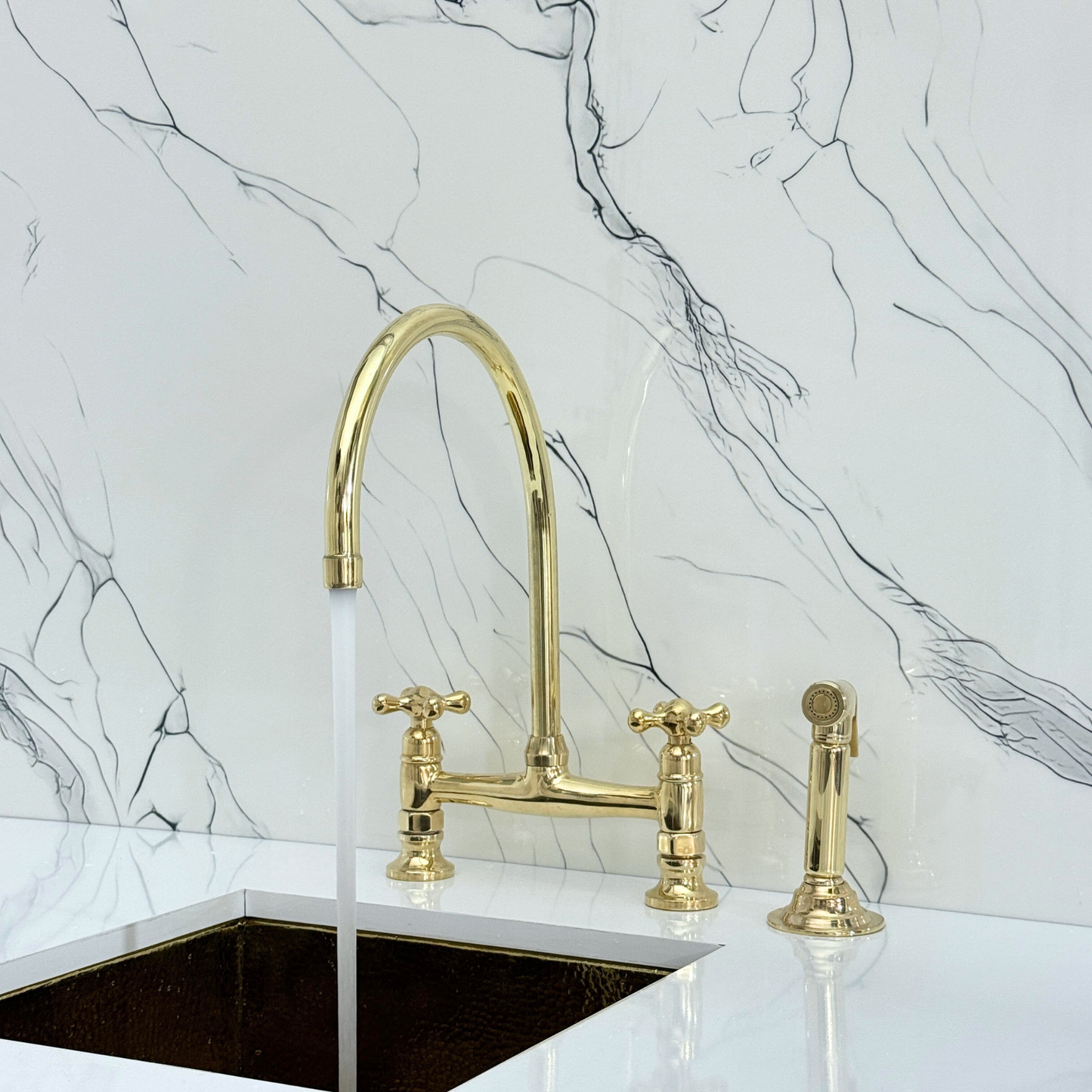 Unlacquered Brass Bridge Kitchen Faucet with Cold Water Faucet, Sprayer, and Cross Handles
