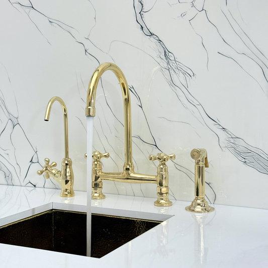 Unlacquered Brass Bridge Kitchen Faucet with Sprayer, Cold Water Faucet and Cross Handles