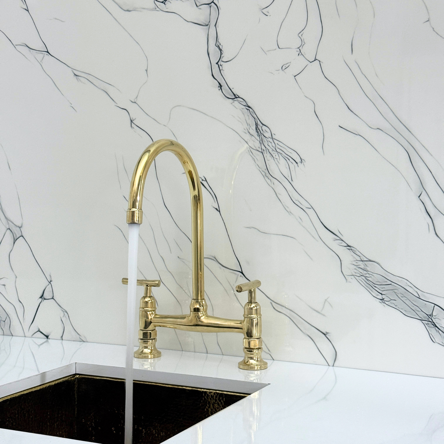 Unlacquered Brass Bridge Kitchen Faucet with Sprayer, Cold Water Faucet and Lever Handles