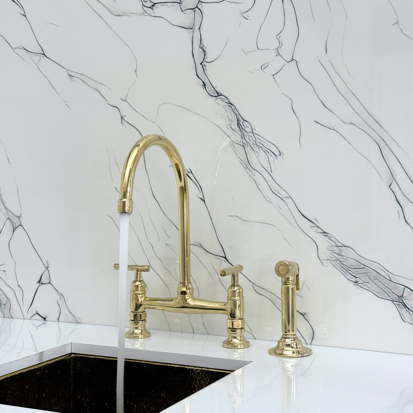 Unlacquered Brass Bridge Kitchen Faucet with Sprayer, Cold Water Faucet and Lever Handles