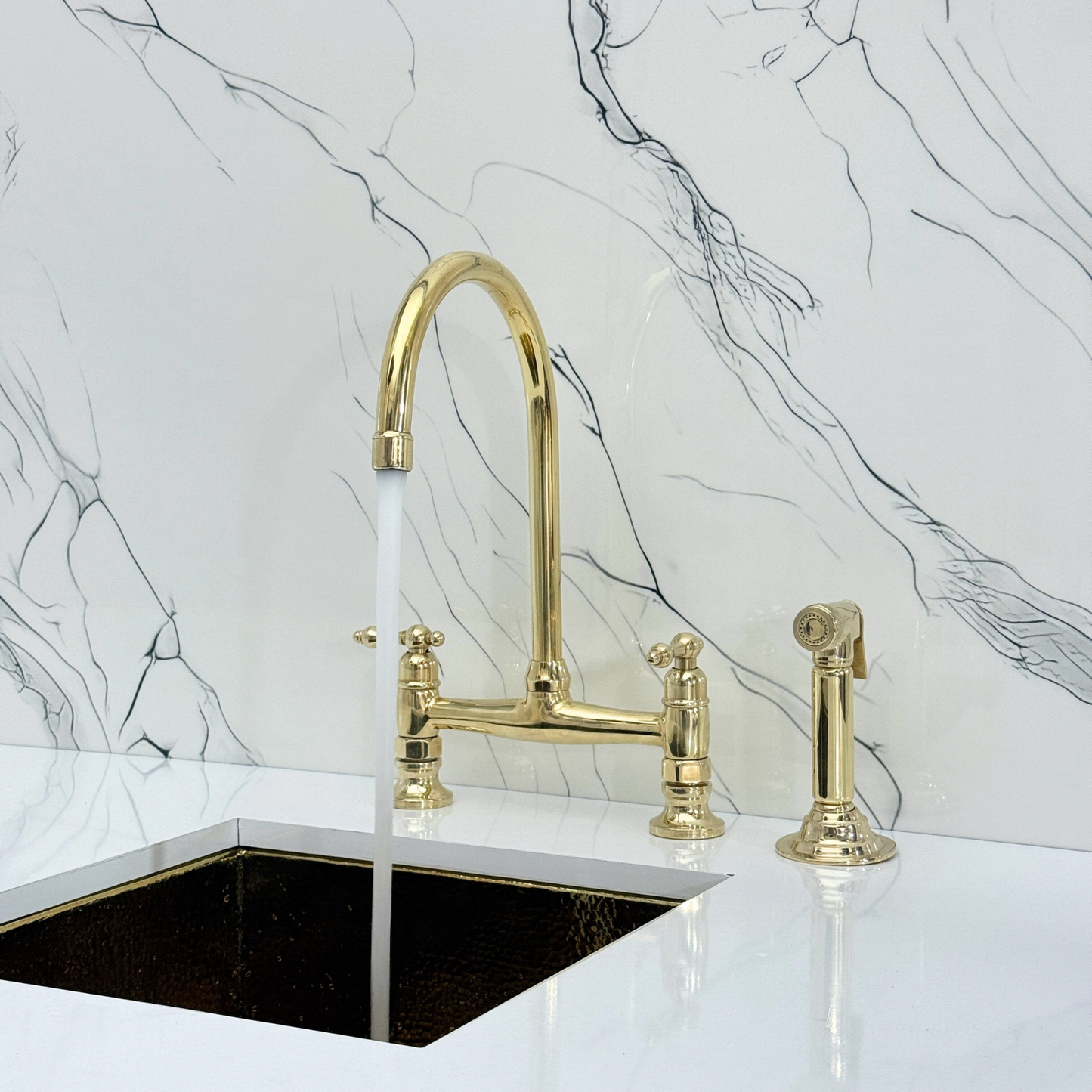 Unlacquered Brass Bridge Kitchen Faucet with Sprayer, Cold Water Faucet and Lever Handles